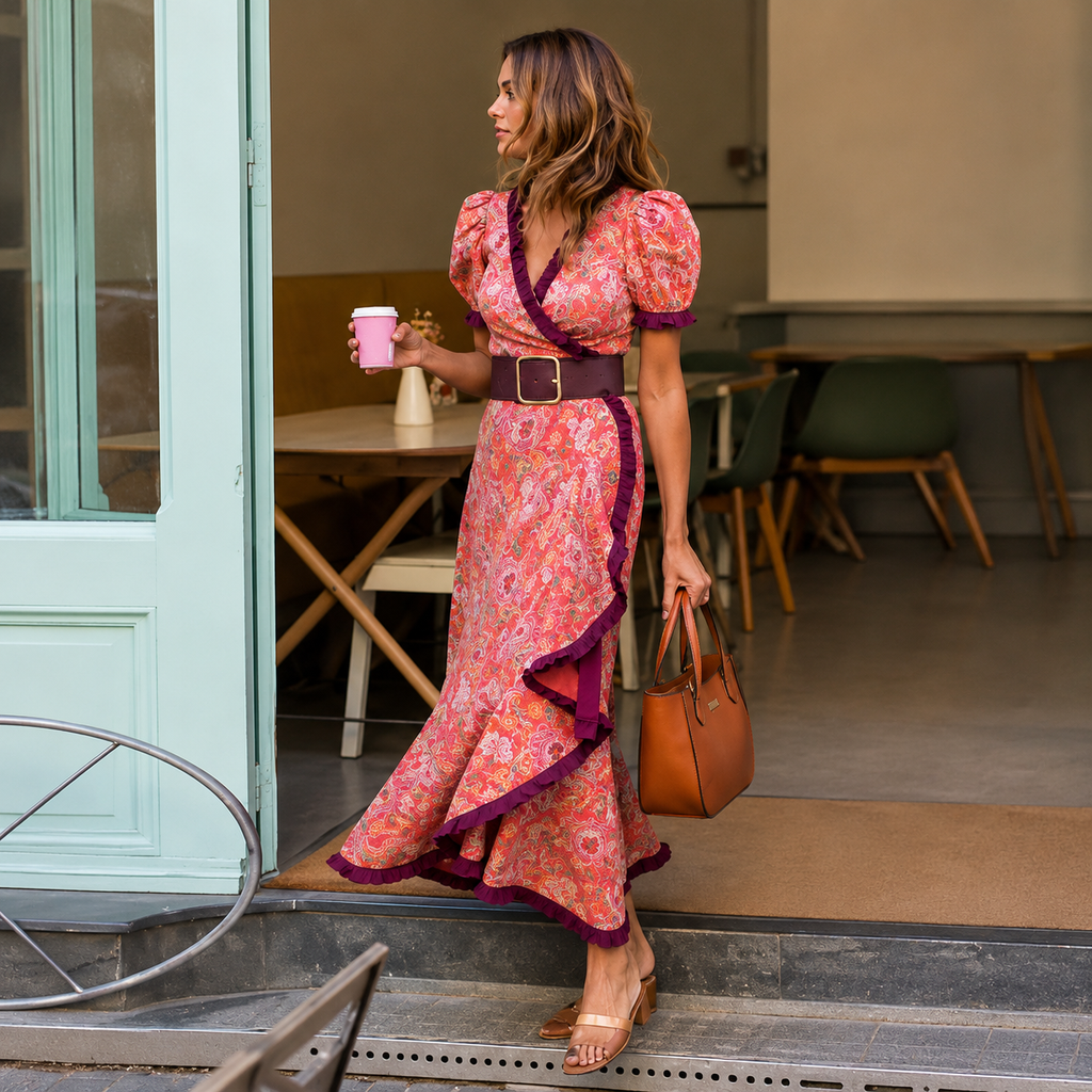 Elegante Roze Maxi Dress met Korte Mouwen
